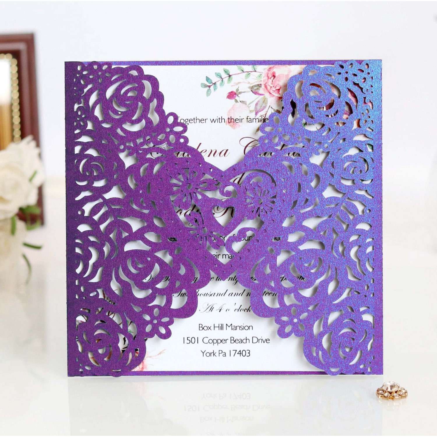Square Invitation Card Laser-hollowed Design Dark Blue Iridescent Paper Wholesale